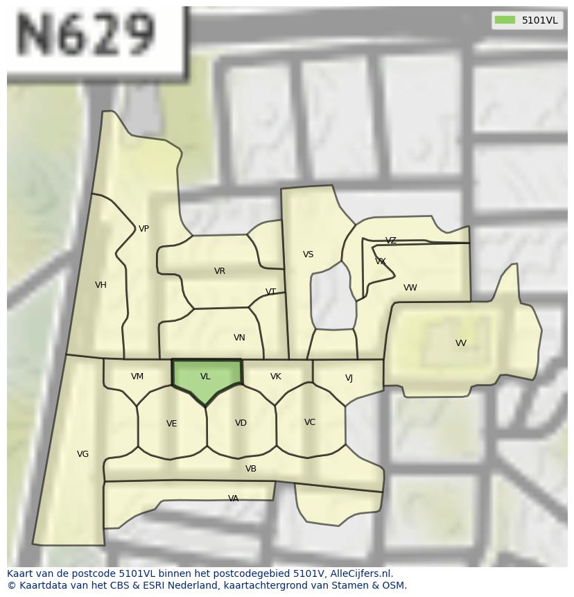 Afbeelding van het postcodegebied 5101 VL op de kaart.