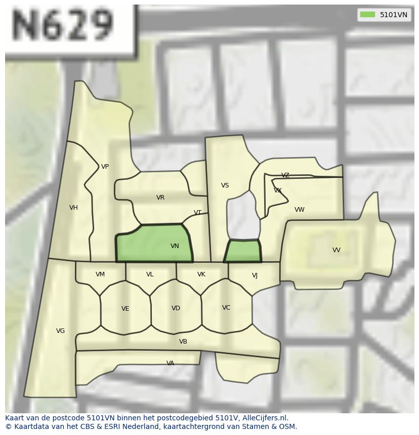 Afbeelding van het postcodegebied 5101 VN op de kaart.