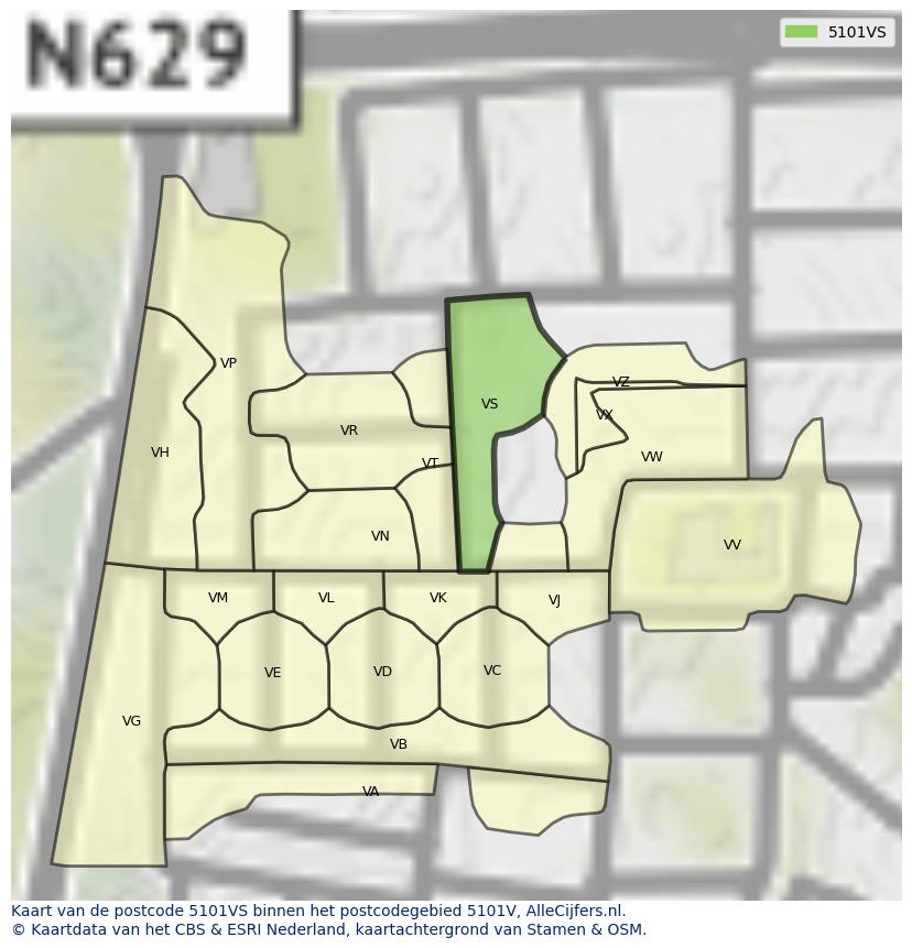 Afbeelding van het postcodegebied 5101 VS op de kaart.