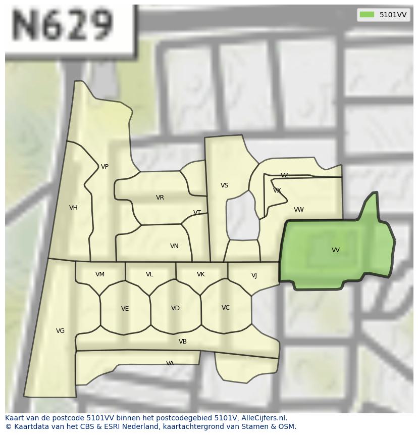 Afbeelding van het postcodegebied 5101 VV op de kaart.