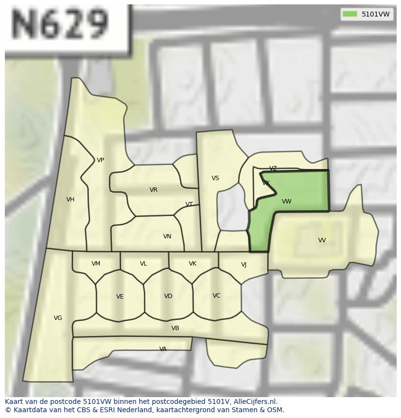 Afbeelding van het postcodegebied 5101 VW op de kaart.