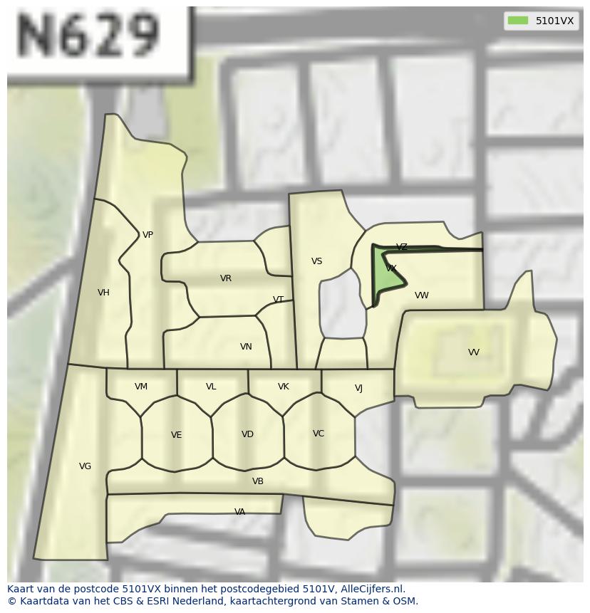 Afbeelding van het postcodegebied 5101 VX op de kaart.