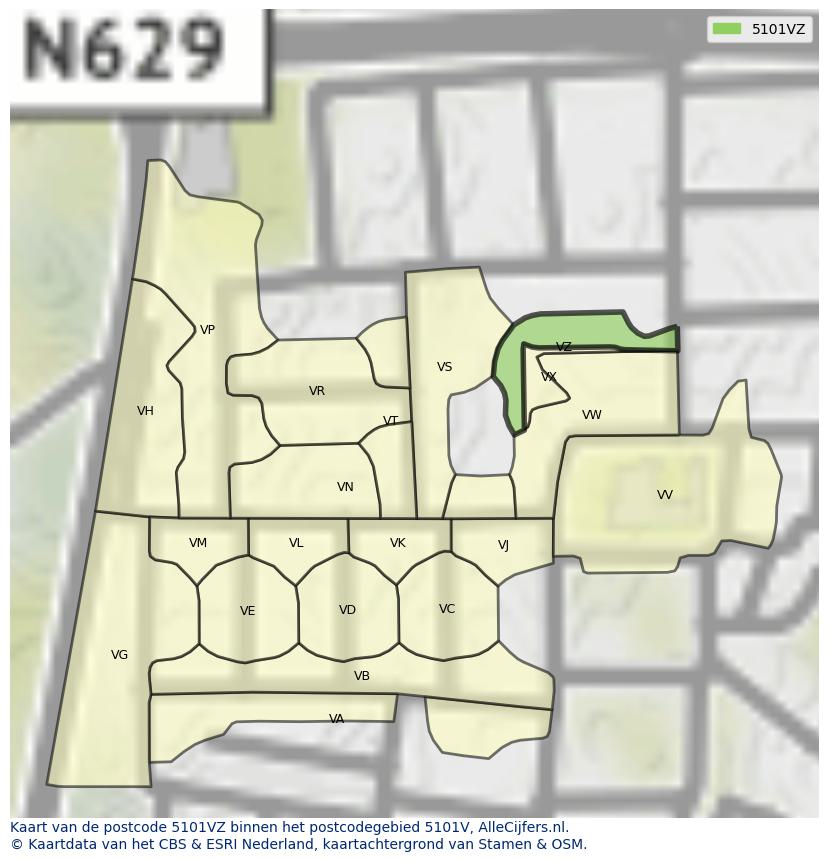 Afbeelding van het postcodegebied 5101 VZ op de kaart.