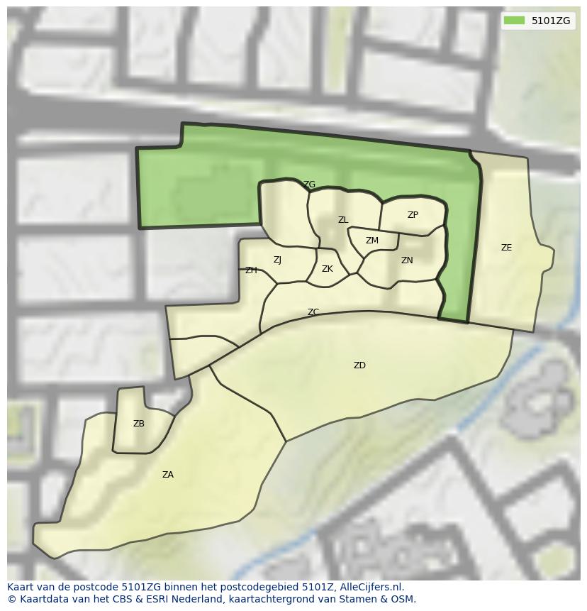 Afbeelding van het postcodegebied 5101 ZG op de kaart.