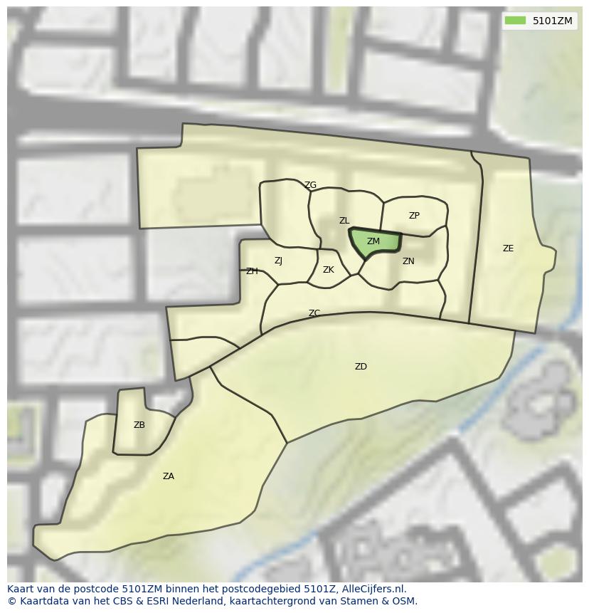 Afbeelding van het postcodegebied 5101 ZM op de kaart.