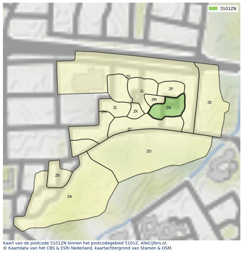 Afbeelding van het postcodegebied 5101 ZN op de kaart.