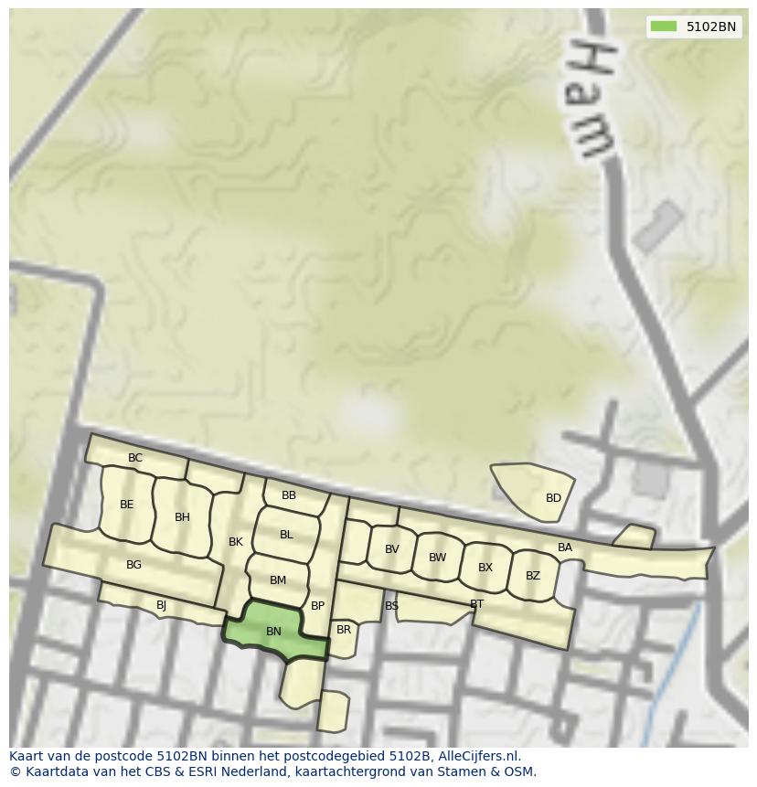 Afbeelding van het postcodegebied 5102 BN op de kaart.