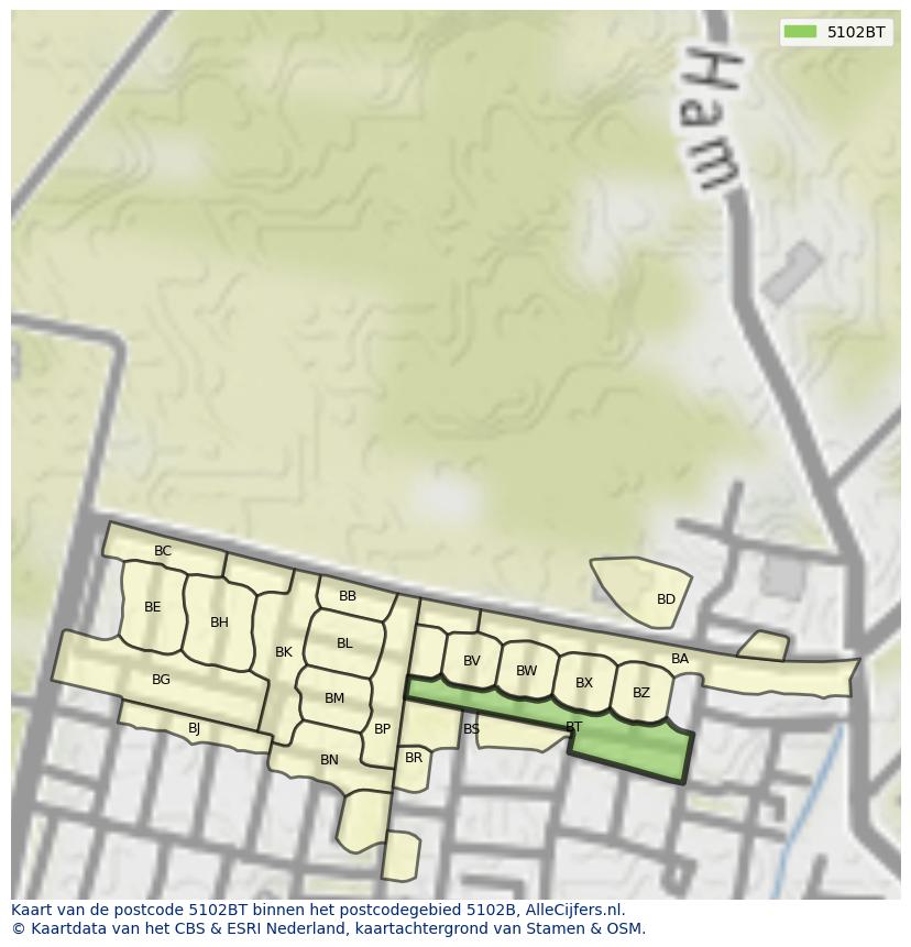 Afbeelding van het postcodegebied 5102 BT op de kaart.