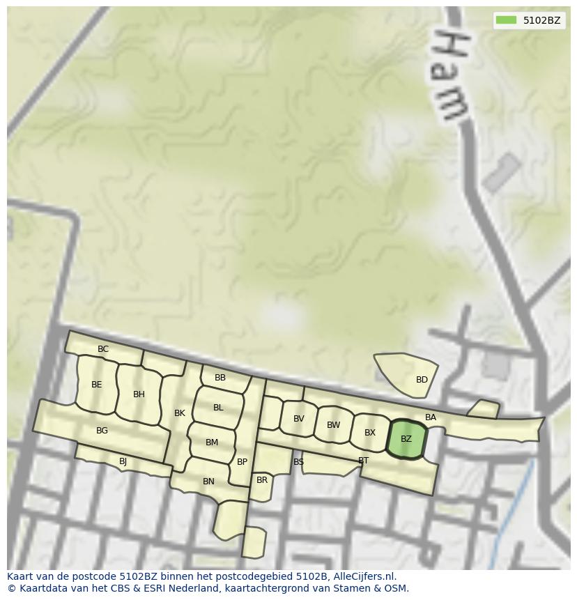 Afbeelding van het postcodegebied 5102 BZ op de kaart.