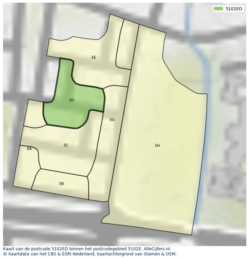 Afbeelding van het postcodegebied 5102 ED op de kaart.