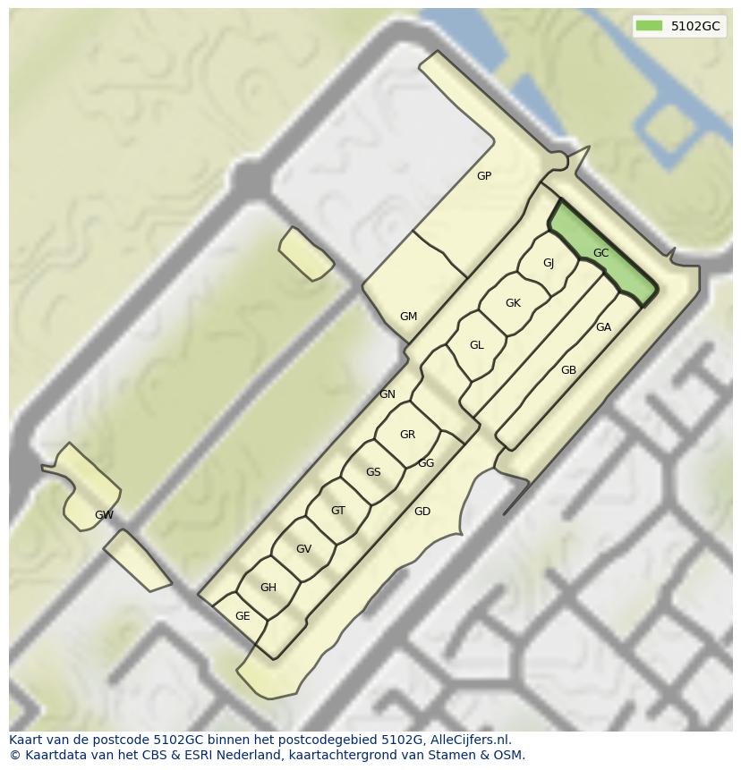 Afbeelding van het postcodegebied 5102 GC op de kaart.