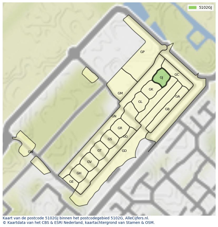 Afbeelding van het postcodegebied 5102 GJ op de kaart.