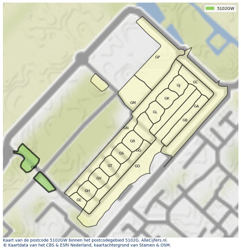 Afbeelding van het postcodegebied 5102 GW op de kaart.