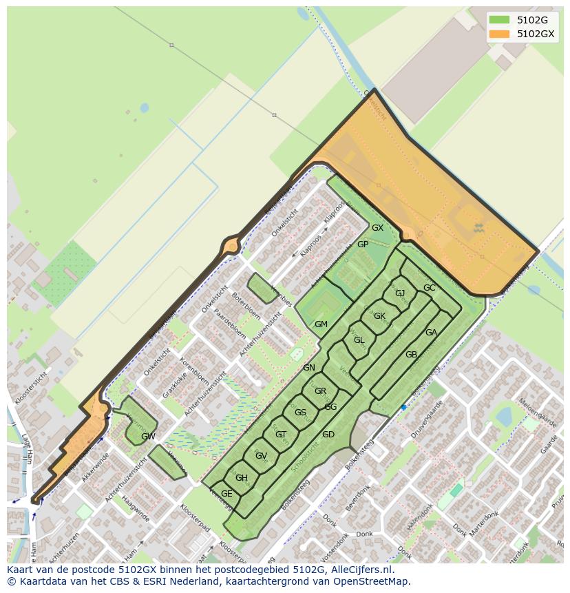 Afbeelding van het postcodegebied 5102 GX op de kaart.