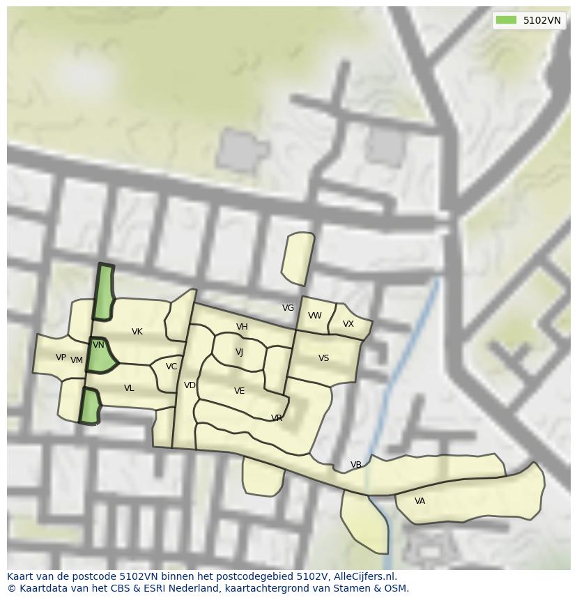 Afbeelding van het postcodegebied 5102 VN op de kaart.