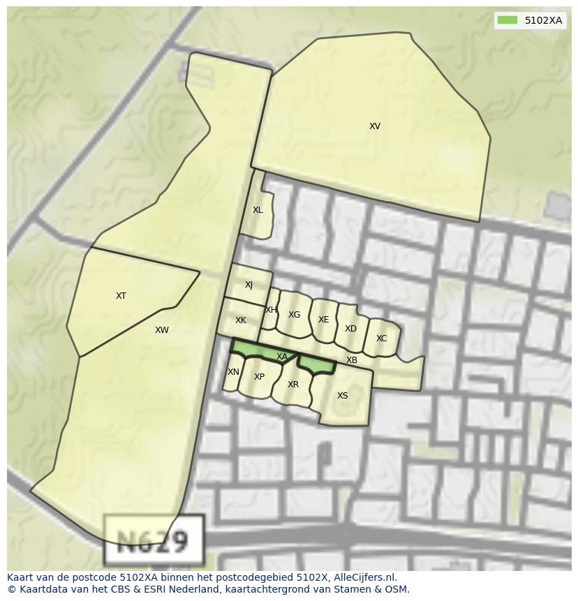 Afbeelding van het postcodegebied 5102 XA op de kaart.