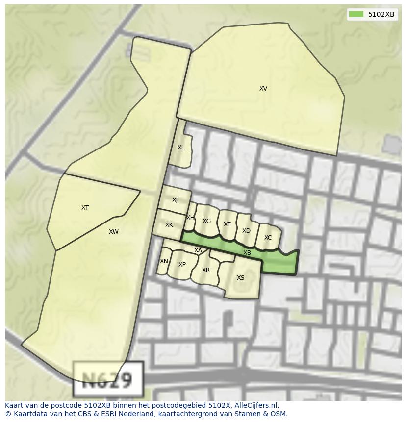 Afbeelding van het postcodegebied 5102 XB op de kaart.