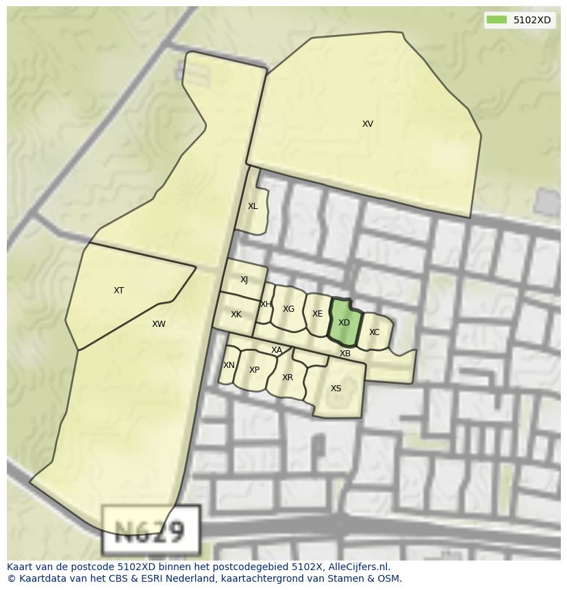Afbeelding van het postcodegebied 5102 XD op de kaart.