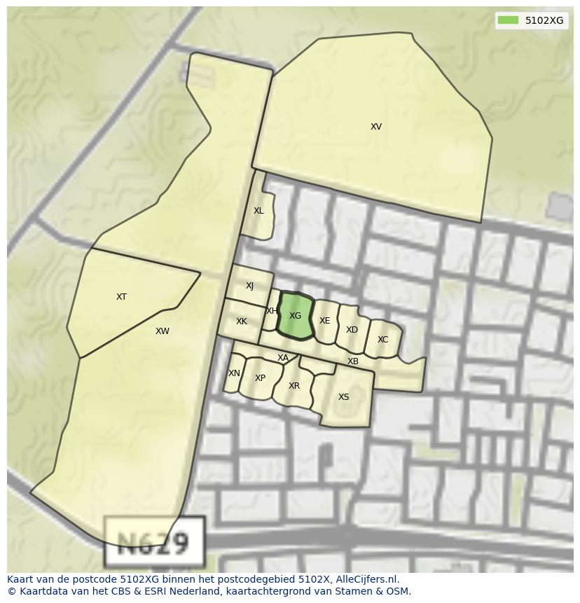 Afbeelding van het postcodegebied 5102 XG op de kaart.