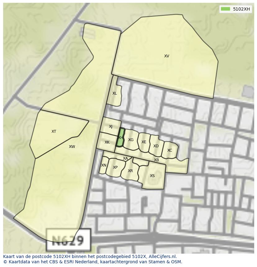 Afbeelding van het postcodegebied 5102 XH op de kaart.