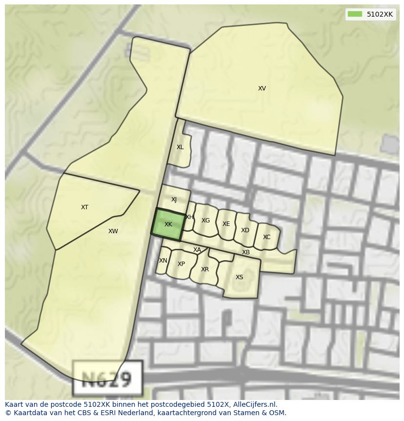 Afbeelding van het postcodegebied 5102 XK op de kaart.