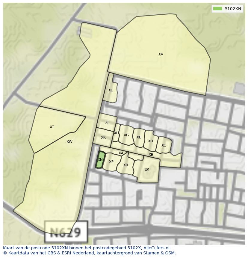 Afbeelding van het postcodegebied 5102 XN op de kaart.