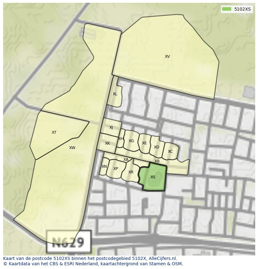 Afbeelding van het postcodegebied 5102 XS op de kaart.