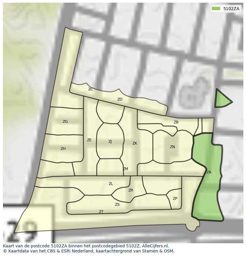 Afbeelding van het postcodegebied 5102 ZA op de kaart.