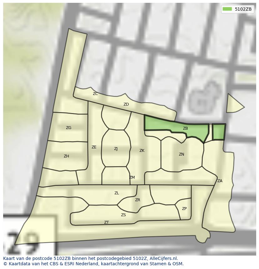 Afbeelding van het postcodegebied 5102 ZB op de kaart.