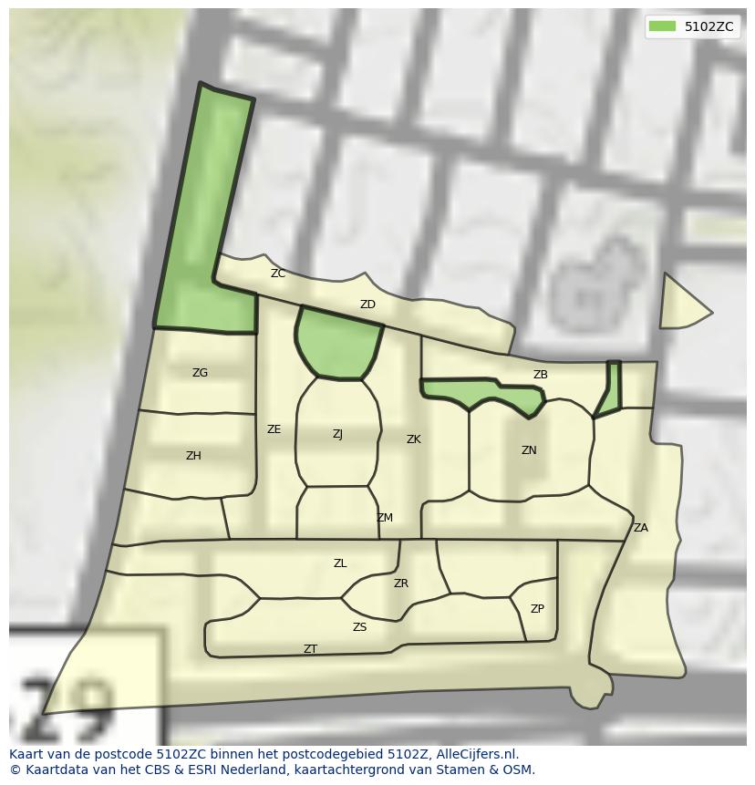 Afbeelding van het postcodegebied 5102 ZC op de kaart.