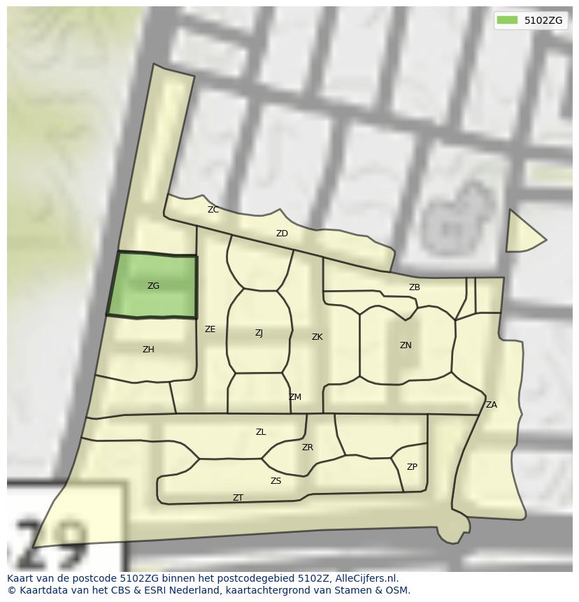 Afbeelding van het postcodegebied 5102 ZG op de kaart.