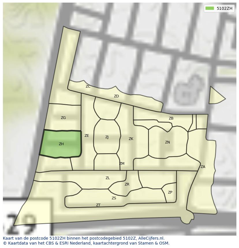 Afbeelding van het postcodegebied 5102 ZH op de kaart.