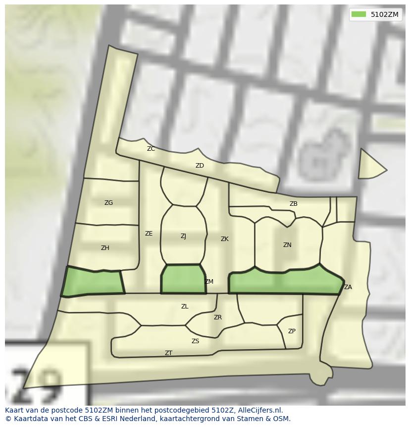 Afbeelding van het postcodegebied 5102 ZM op de kaart.