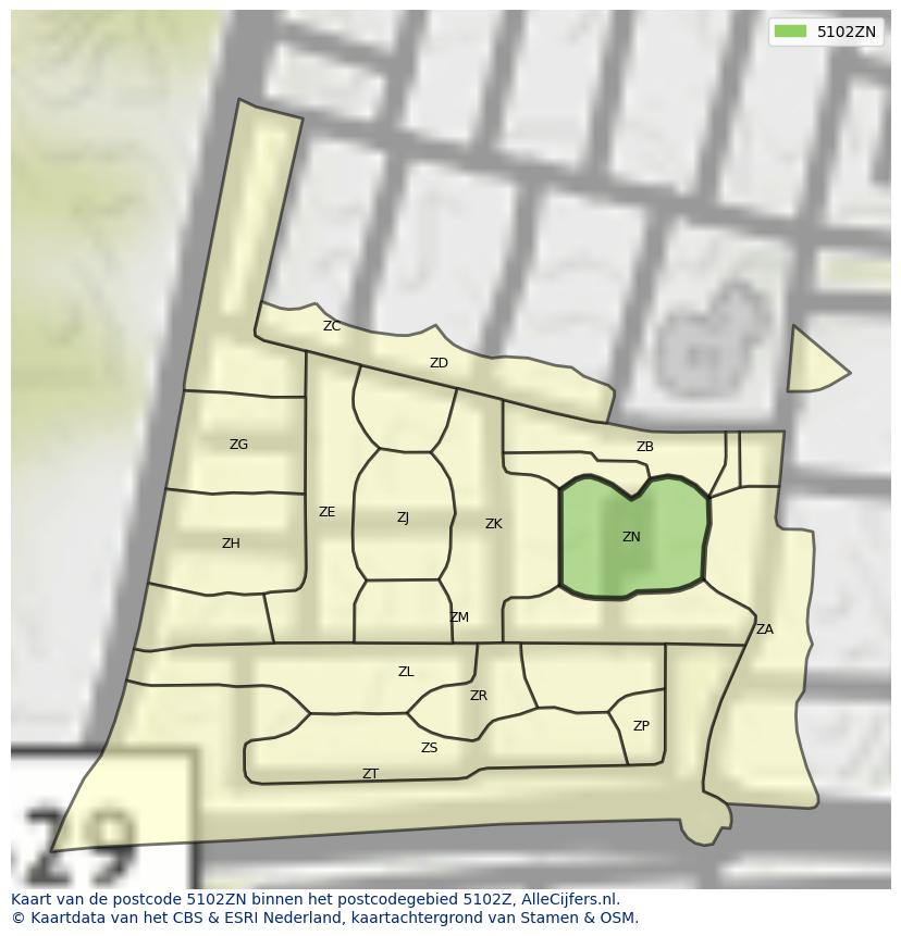 Afbeelding van het postcodegebied 5102 ZN op de kaart.