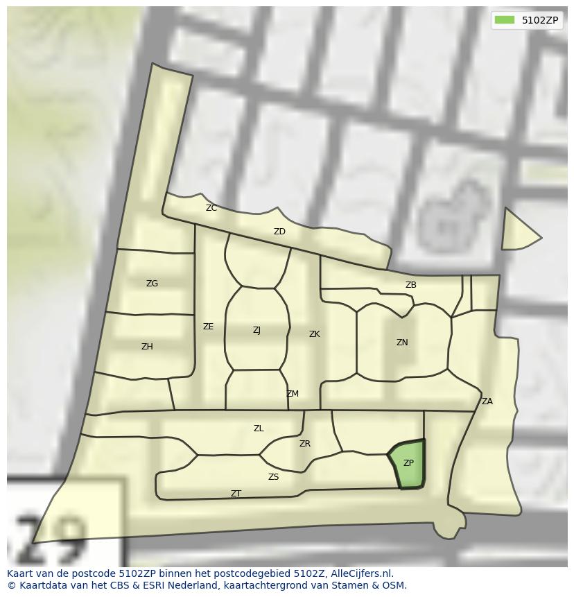 Afbeelding van het postcodegebied 5102 ZP op de kaart.