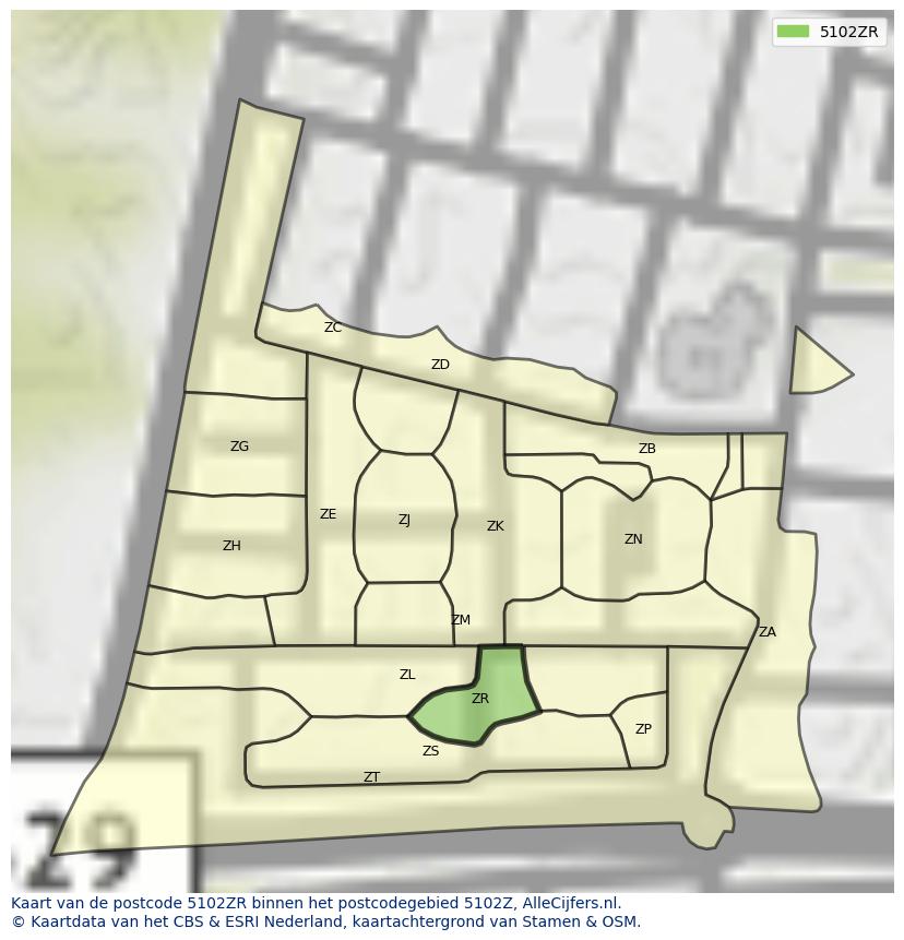 Afbeelding van het postcodegebied 5102 ZR op de kaart.