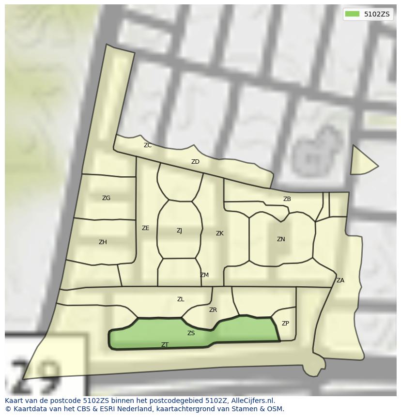 Afbeelding van het postcodegebied 5102 ZS op de kaart.