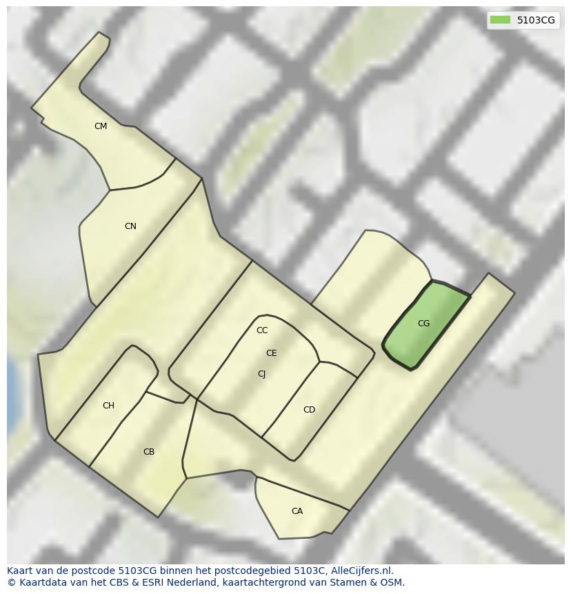 Afbeelding van het postcodegebied 5103 CG op de kaart.