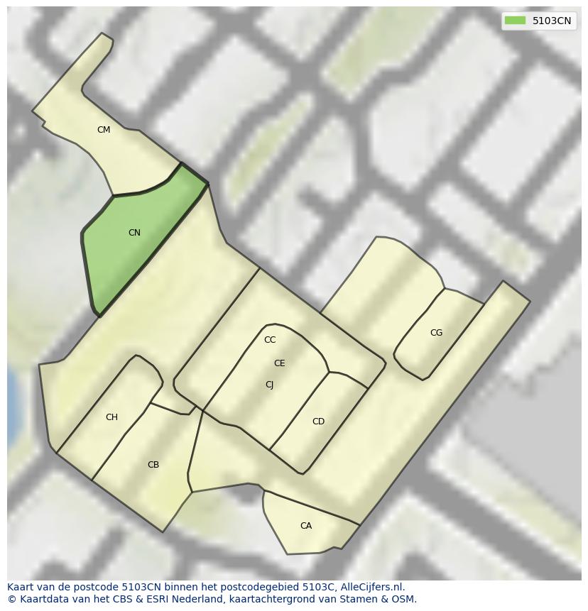 Afbeelding van het postcodegebied 5103 CN op de kaart.