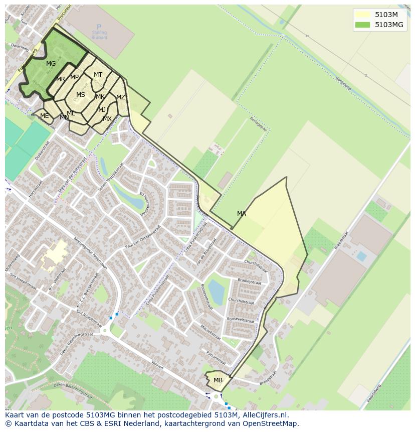 Afbeelding van het postcodegebied 5103 MG op de kaart.