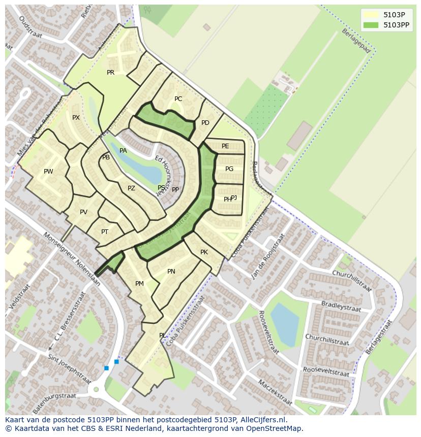 Afbeelding van het postcodegebied 5103 PP op de kaart.