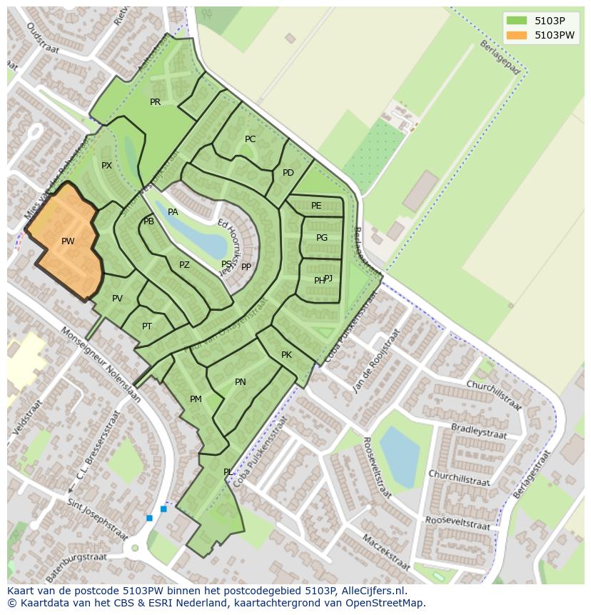 Afbeelding van het postcodegebied 5103 PW op de kaart.