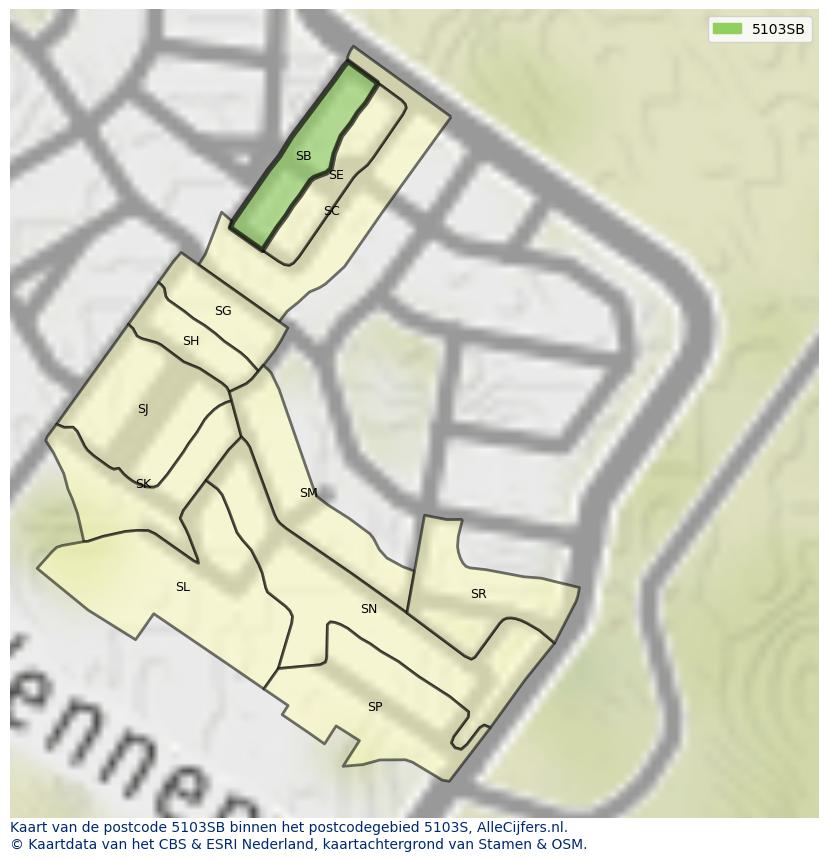 Afbeelding van het postcodegebied 5103 SB op de kaart.