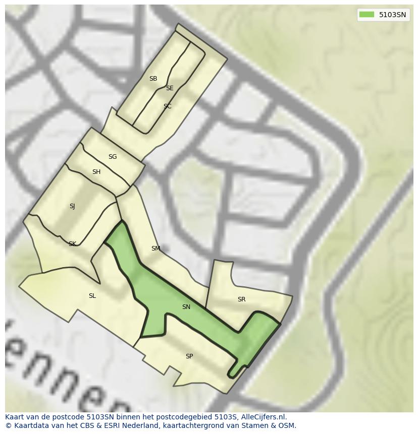 Afbeelding van het postcodegebied 5103 SN op de kaart.