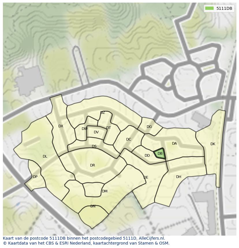 Afbeelding van het postcodegebied 5111 DB op de kaart.