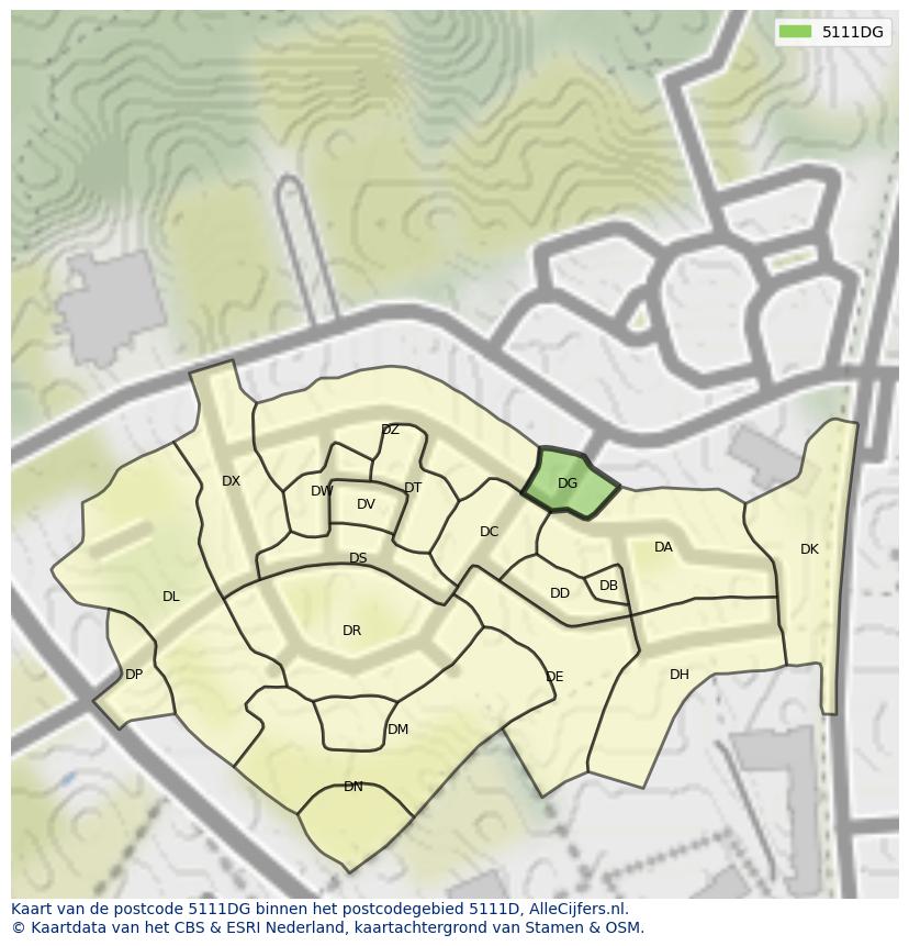 Afbeelding van het postcodegebied 5111 DG op de kaart.