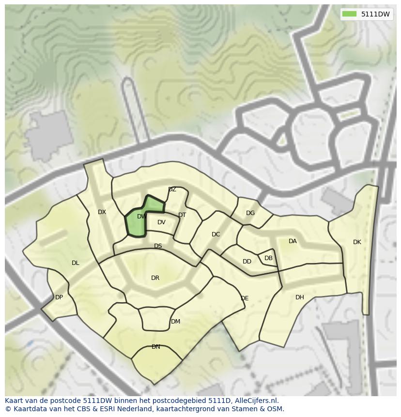 Afbeelding van het postcodegebied 5111 DW op de kaart.