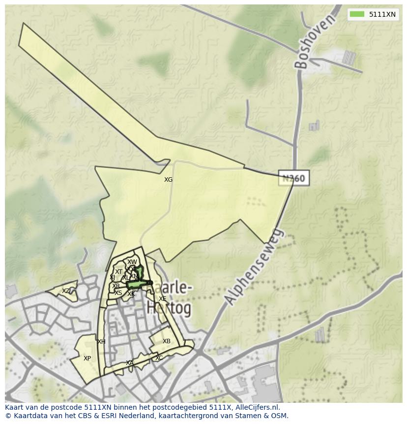 Afbeelding van het postcodegebied 5111 XN op de kaart.