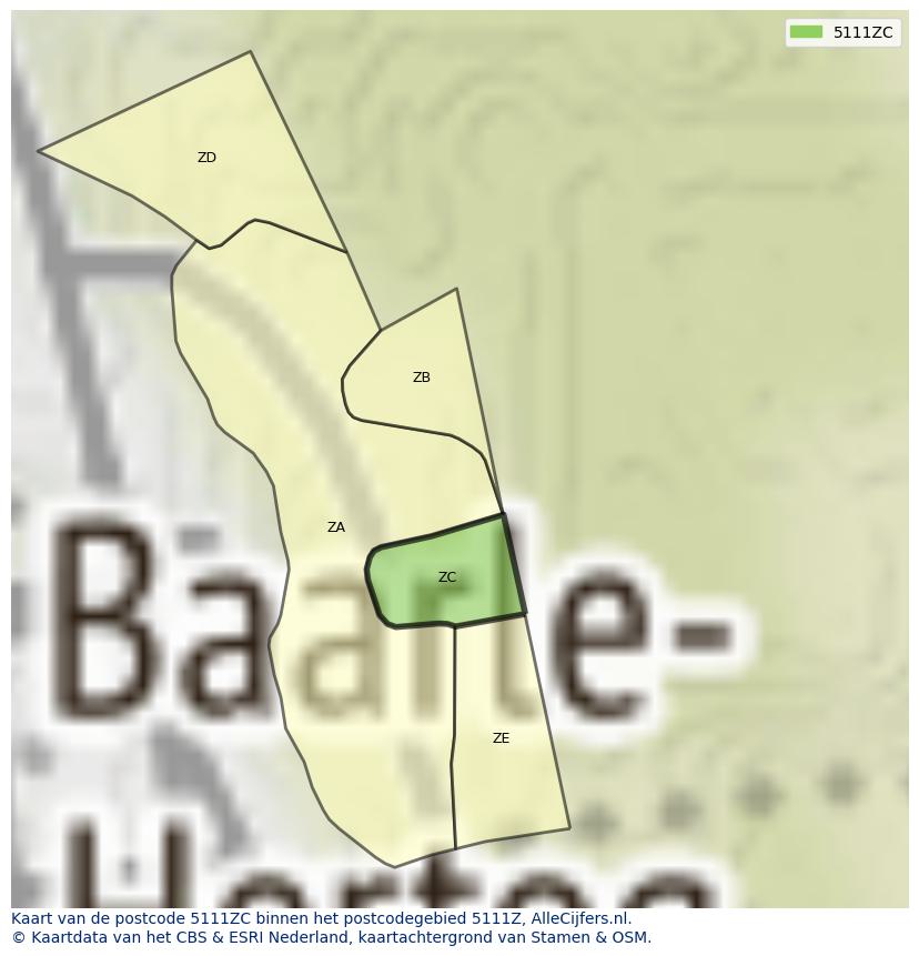 Afbeelding van het postcodegebied 5111 ZC op de kaart.