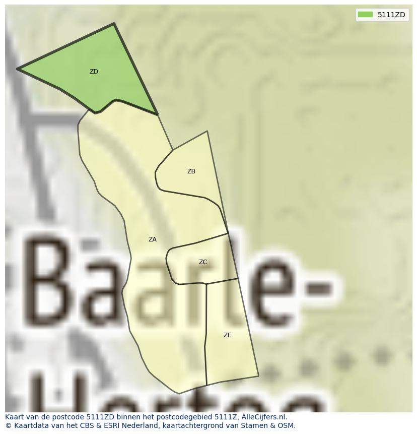 Afbeelding van het postcodegebied 5111 ZD op de kaart.